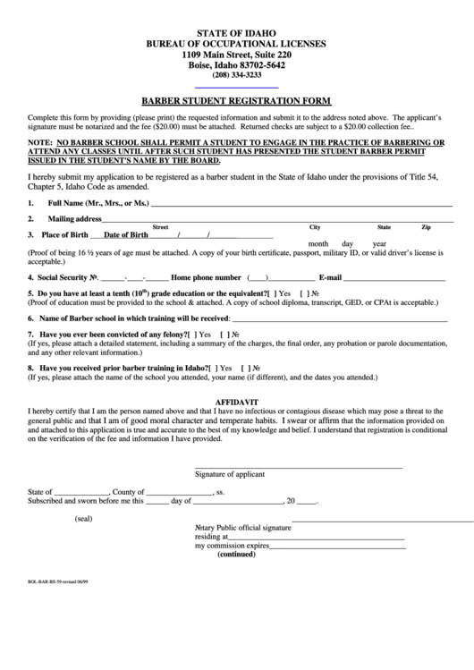 Form BolBarBs59 Barber Student Registration Form printable pdf