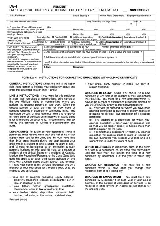 Form Lw4 Employee'S Withholding Certificate For City Of Lapeer