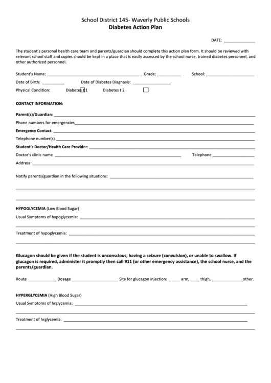 Fillable Diabetes Action Plan Form printable pdf download