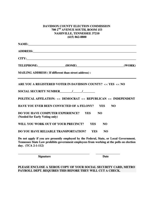 Davidson County Election Commission Application printable pdf download