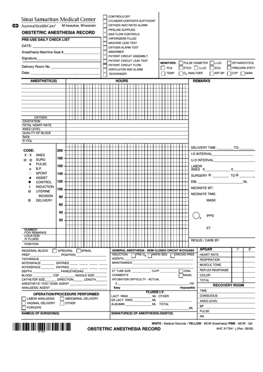 Obstetric Anesthesia Record Form printable pdf download