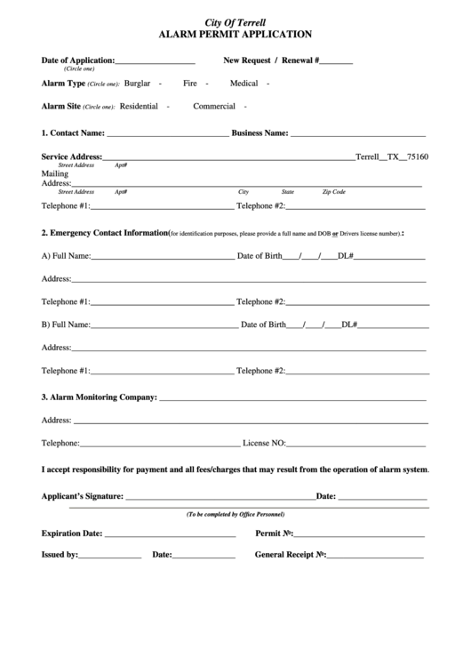 Alarm Permit Application Form City Of Terrell, Texas printable pdf
