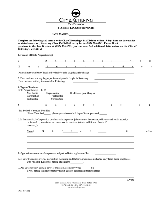 Business Tax Questionnaire Form printable pdf download