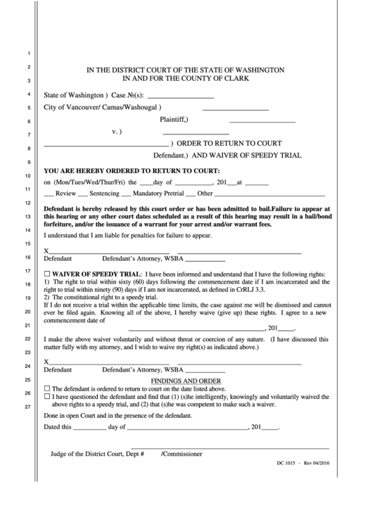 Fillable Form Dc 1015Order To Return To Court And Waiver Of Speedy