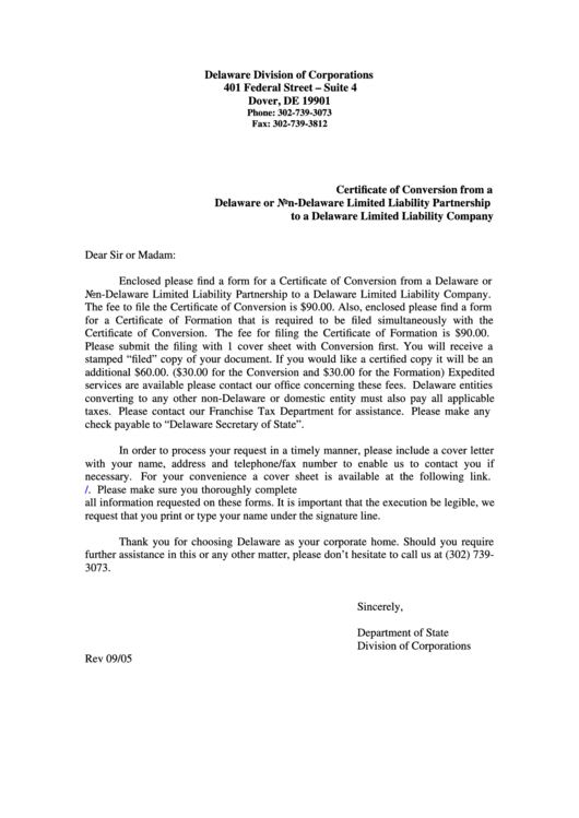 Fillable Certificate Of Conversion From A Delaware Or NonDelaware