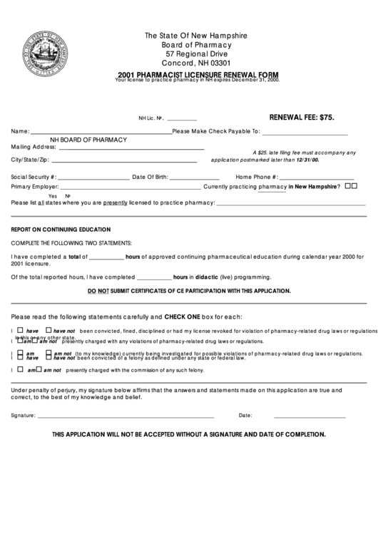 Pharmacist Licensure Renewal Form 2001 printable pdf download