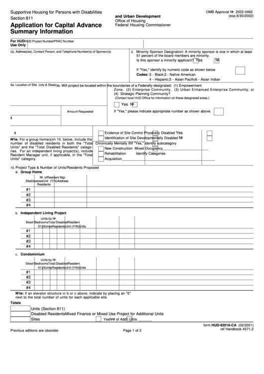 Fillable Form Hud92016CaApplication For Capital Advance Summary
