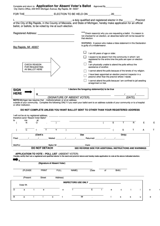 Application For Absent Voter'S Ballot printable pdf download