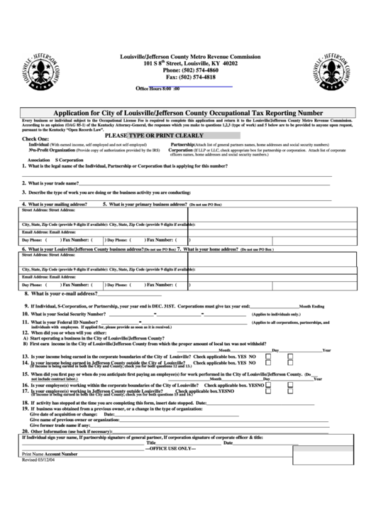 Fillable Application For City Of Louisville/jefferson County