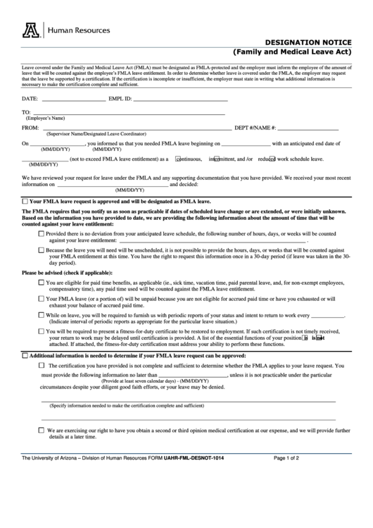 Fillable Designation Notice (Family And Medical Leave Act) The