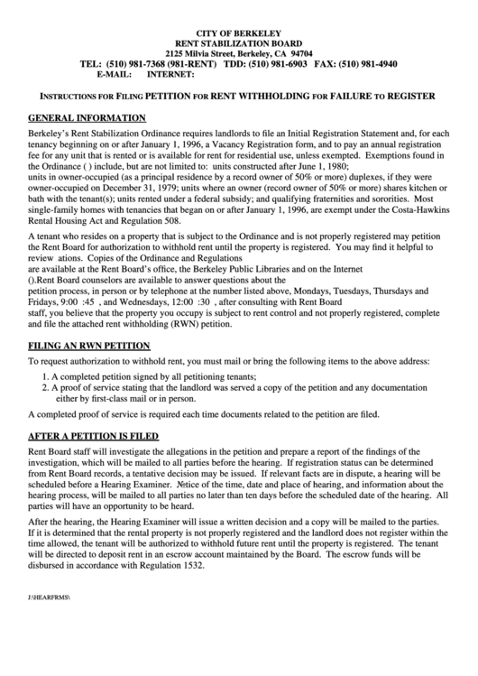 Fillable Tenant Petition For Rent Withholding For Failure To Register