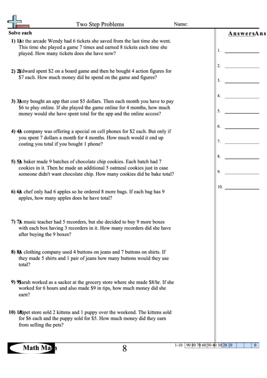 'Two Step Problems' Math Worksheet printable pdf download