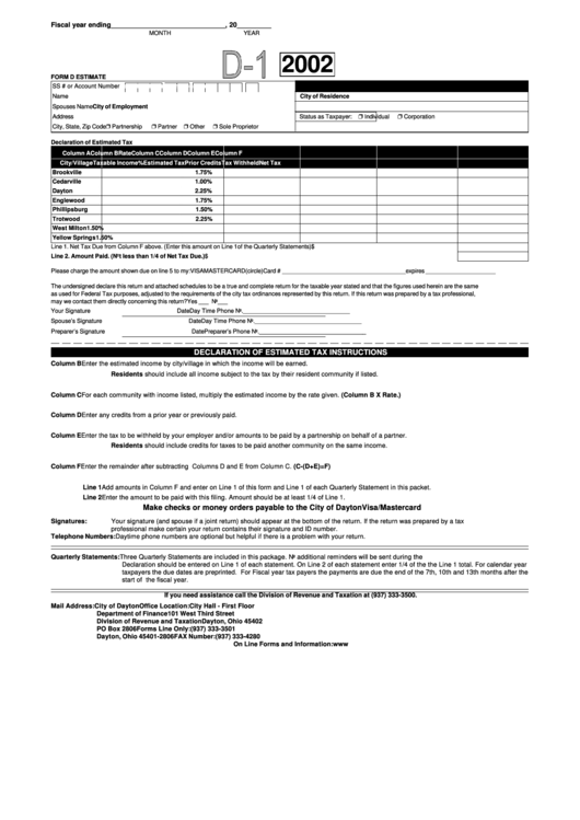 Form D1 Declaration Of Estimated Tax 2002 printable pdf download