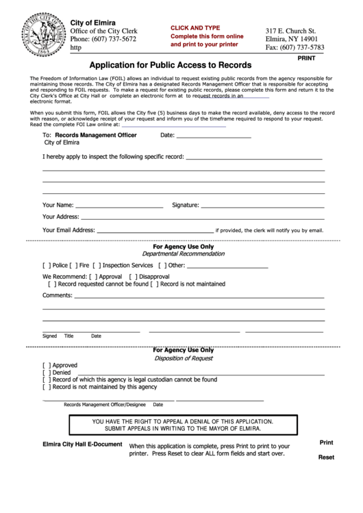 Fillable Application For Public Access To Records Form City Of Elmira