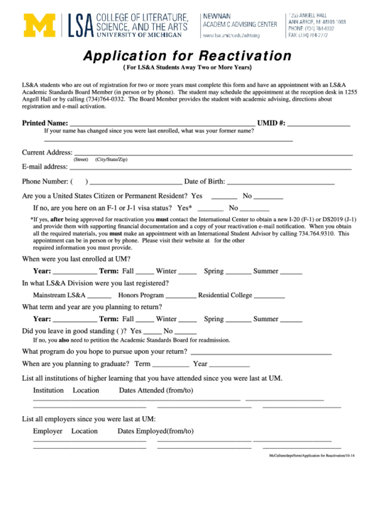 Fillable Application For Reactivation Form printable pdf download