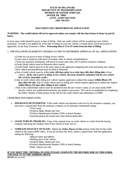 Fillable Form Mv347 Document Fee Credit/refund Application printable