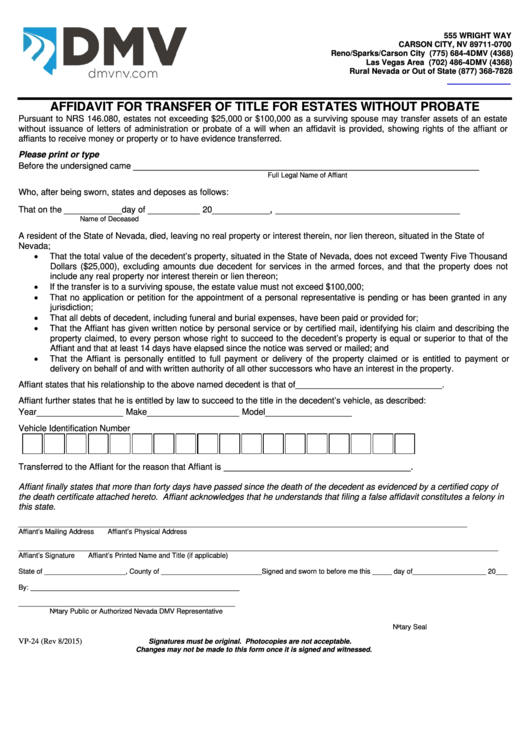 Fillable Form Vp24 Affidavit For Transfer Of Title For Estates