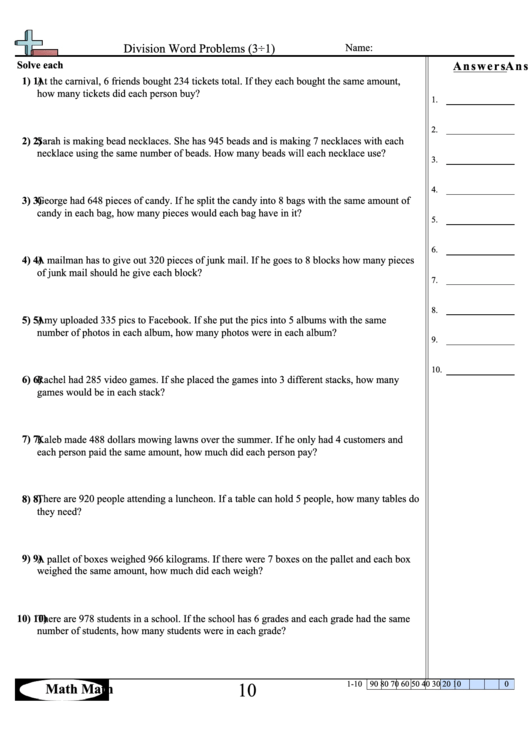 Division Word Problems Math Worksheet With Answer Key printable pdf