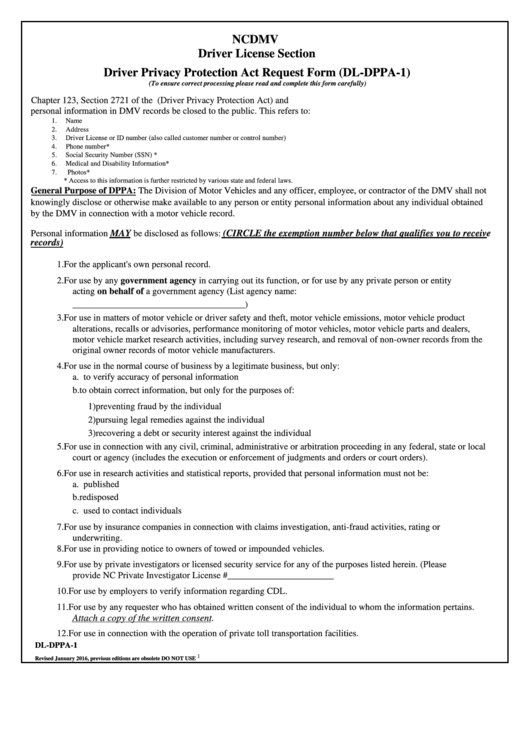 Form DlDppa1 Driver Privacy Protection Act Request Form printable