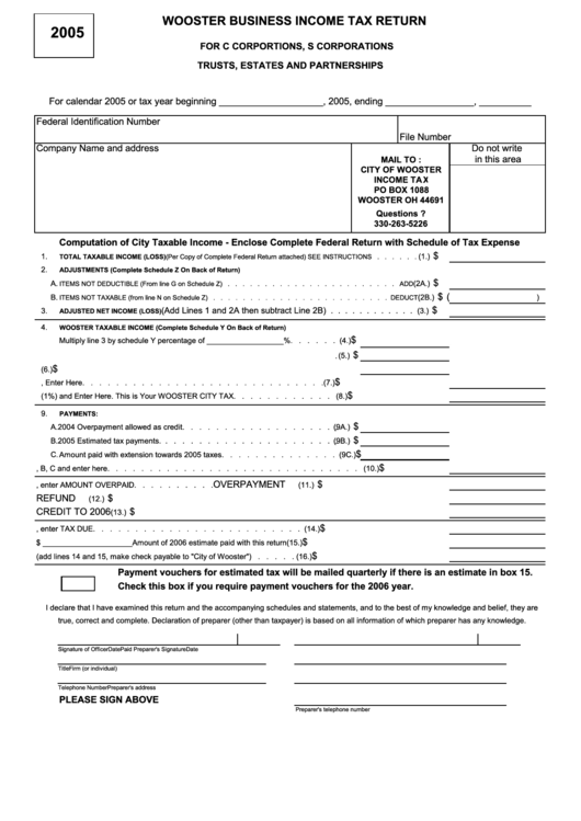 Business Tax Return Form City Of Wooster 2005 printable pdf