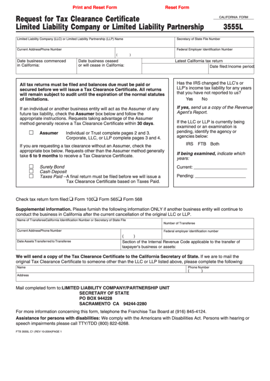 Fillable California Form 3555l Request For Tax Clearance Certificate