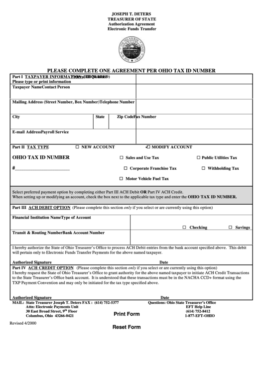 Fillable Agreement Per Ohio Tax Id Number Form printable pdf download
