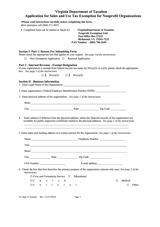 Application Form For Sales And Use Tax Exemption For Nonprofit