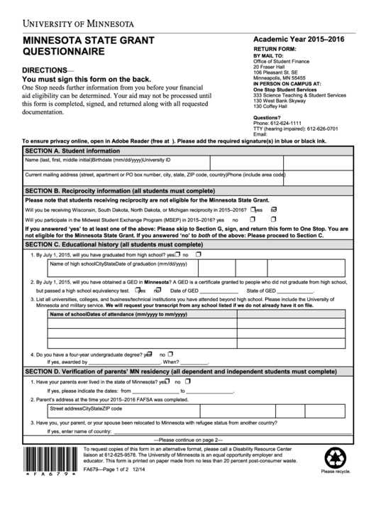 Fillable Minnesota State Grant Questionnaire Template printable pdf