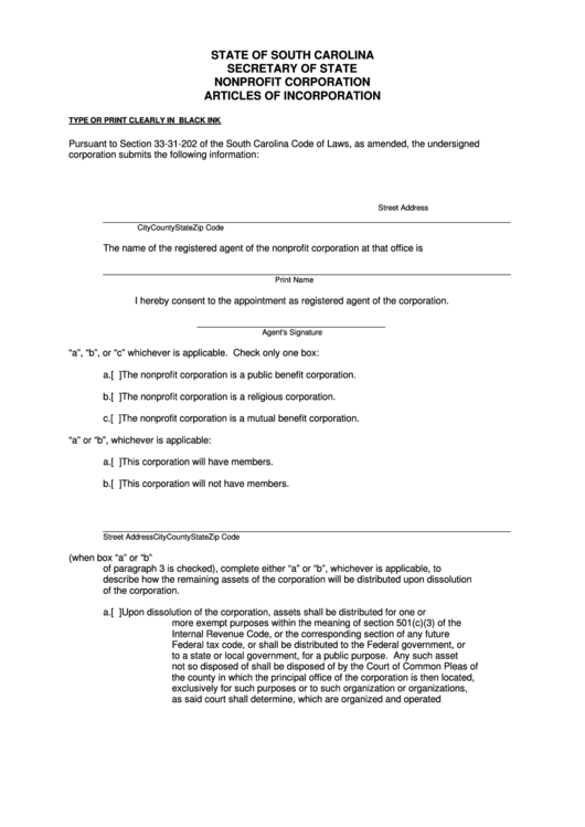 Fillable Nonprofit Corporation Articles Of Incorporation Form State