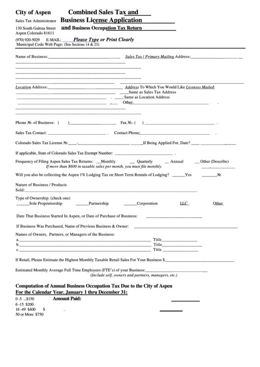 Combined Sales Tax And Business License Applicationand Business Occupation Tax Return City Of