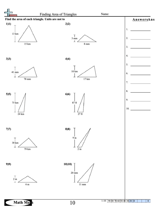 Finding Area Of Triangles Math Worksheet With Answer Key printable pdf