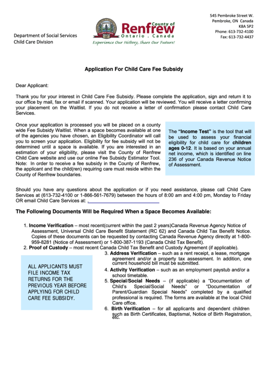 Application For Child Care Fee Subsidy printable pdf download