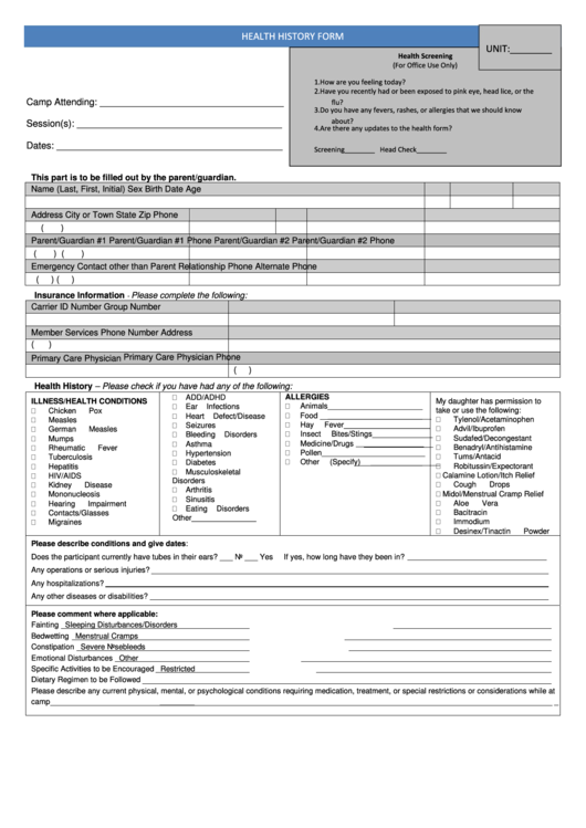 Girl Scouts Western Pennsylvania Camp Health History Form printable pdf