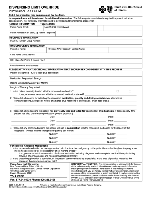 Bcbs Dispensing Limit Override Physician Fax Form printable pdf download