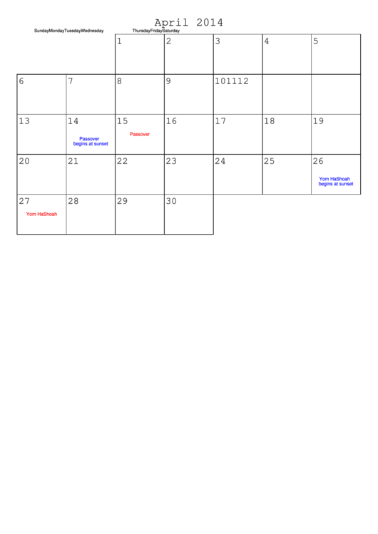 April 2014 Calendar Template printable pdf download