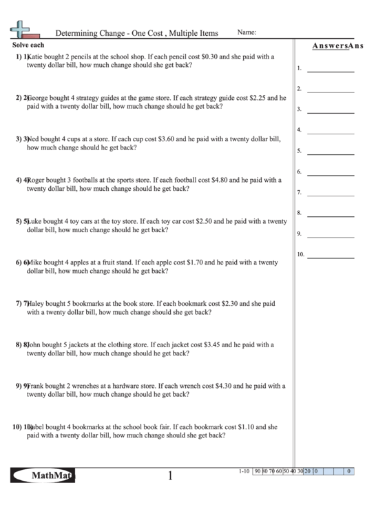 Determining Change One Cost , Multiple Items Worksheet printable pdf