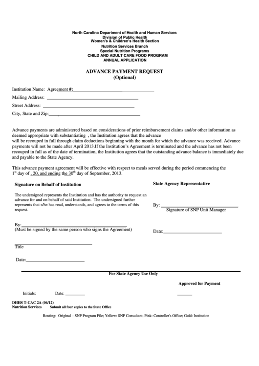 Fillable Advance Payment Request Form North Carolina Department Of