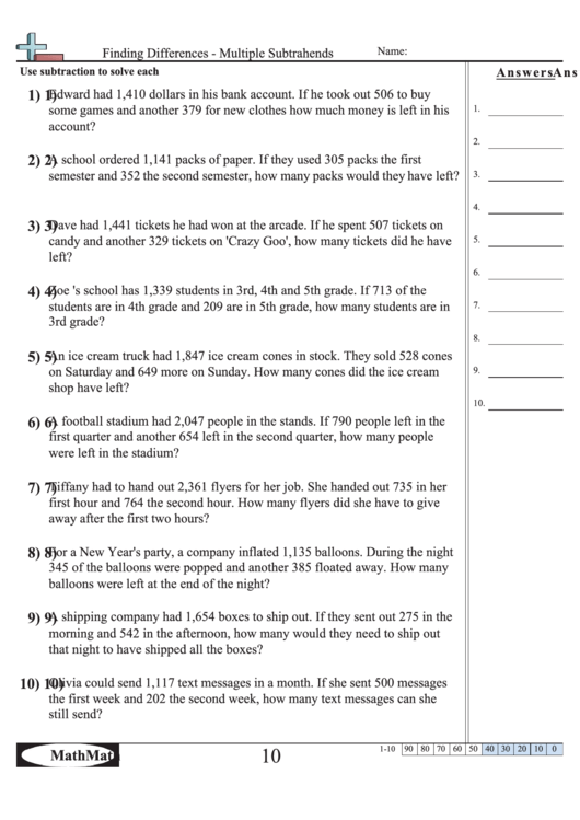 Finding Differences Multiple Subtrahends Math Worksheet printable pdf