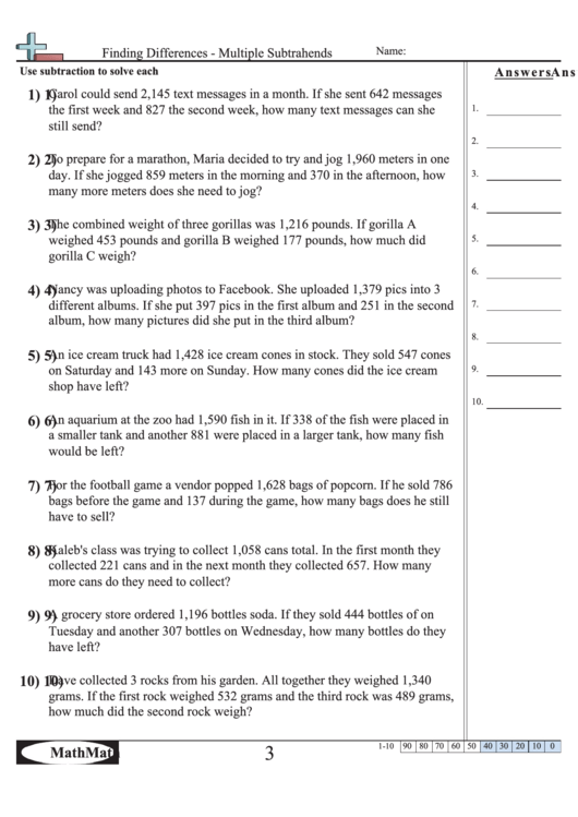 Finding Differences - Multiple Subtrahends Math Worksheet printable pdf