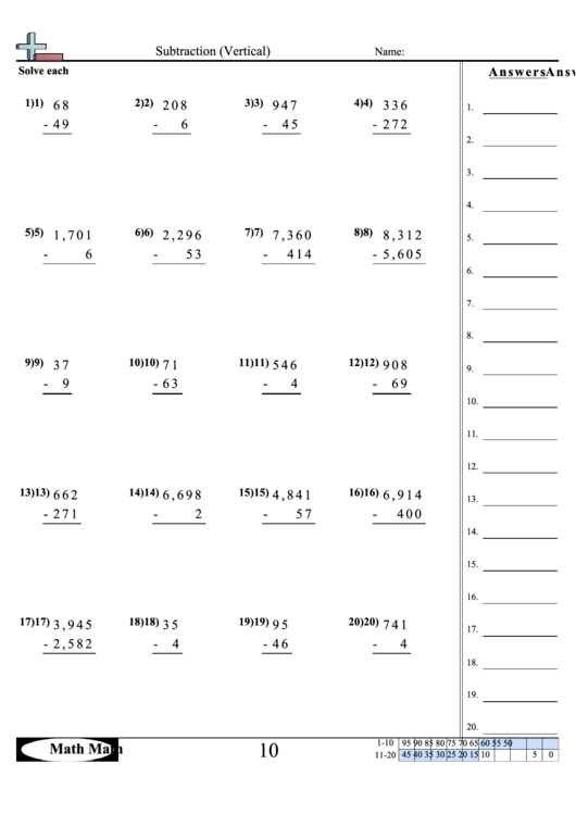 Subtraction (Vertical) Math Worksheet printable pdf download