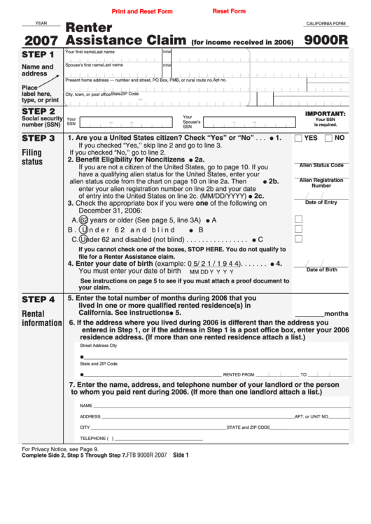 Fillable California Form 9000r Renter Assistance Claim 2007