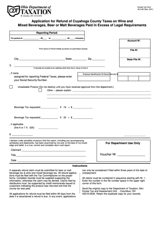 Form Alc82 Application For Refund Of Cuyahoga County Taxes On Wine