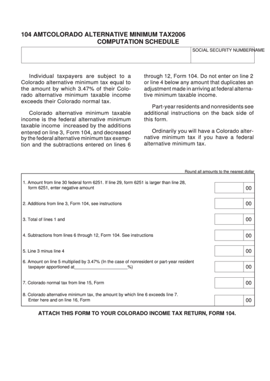 Fillable Form 104 Colorado Alternative Minimum Tax Computation