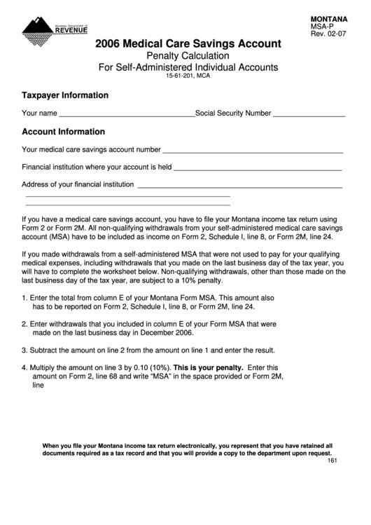 Fillable Montana Form MsaP Medical Care Savings Account 2006