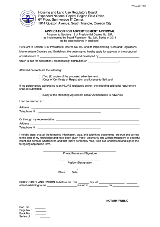Application For Advertisement Approval Form Housing And