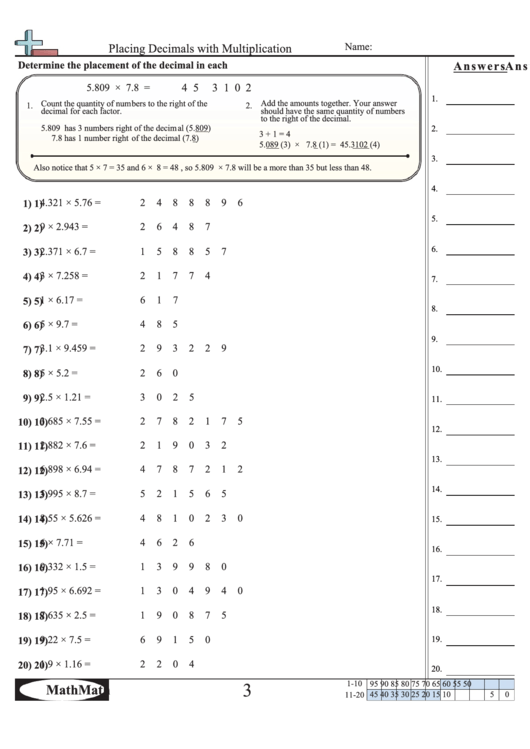 Placing Decimals With Multiplication Worksheet With Answer