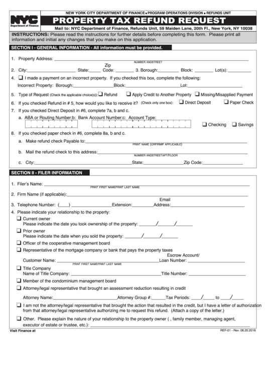 Form Ref01 Property Tax Refund Request printable pdf download
