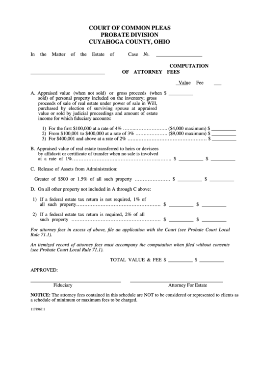 Fillable Computation Of Attorney Fees Form Cuyahoga County, Ohio printable pdf download