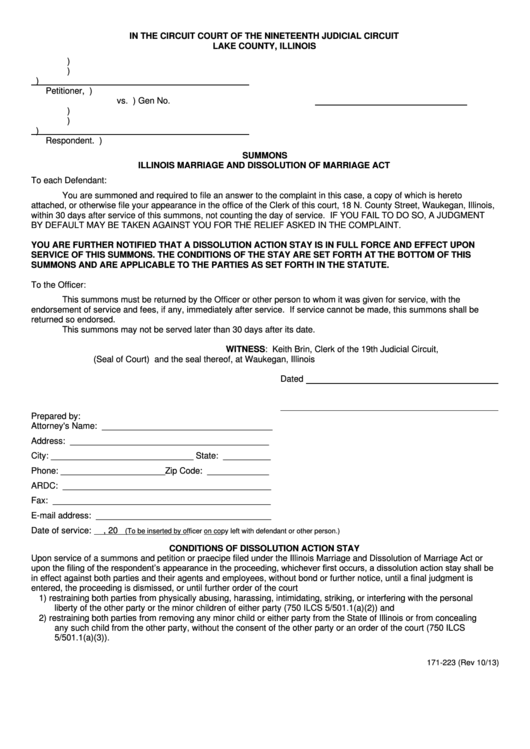 Fillable Summons Illinois Marriage And Dissolution Of Marriage Act Form