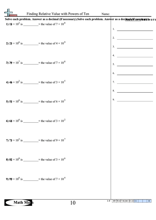 Finding Relative Value With Powers Of Ten Math Worksheet With Answer